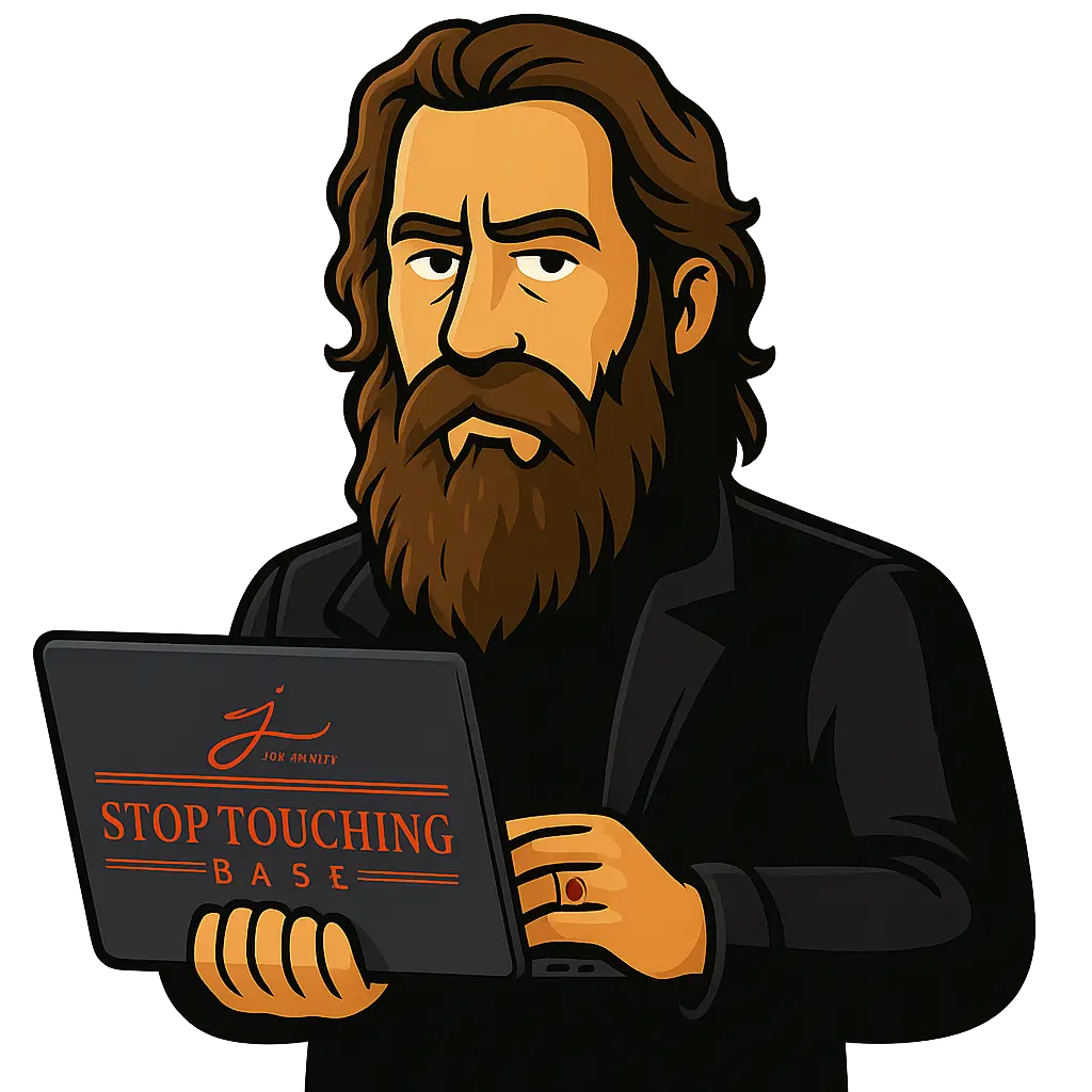 Illustration of a bearded man holding a Stop Touching Base newsletter sign, promoting the STB email series